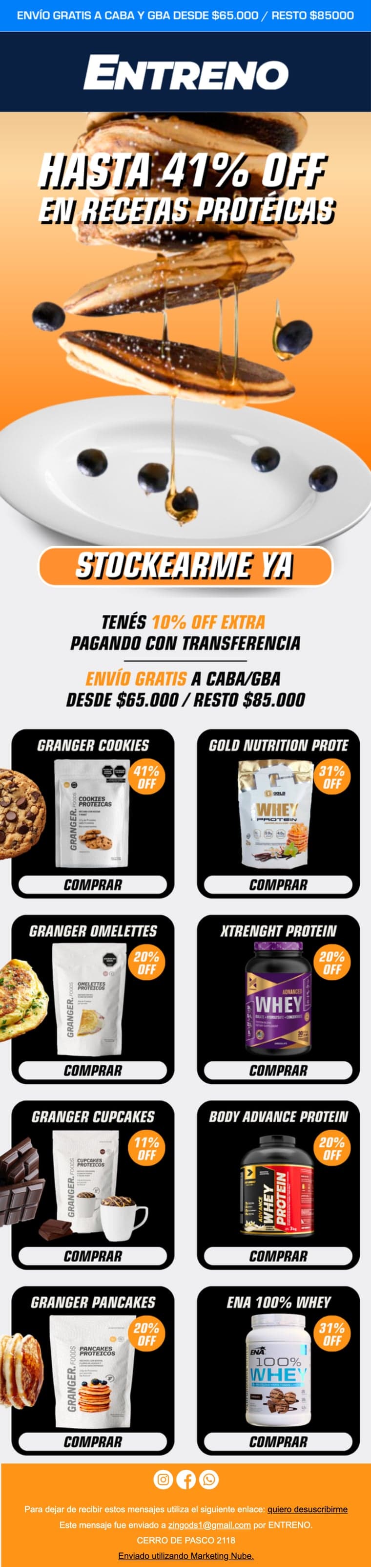 Email de Entreno '20% OFF en pastas de maní', con la torre de comida y grilla de sabores.