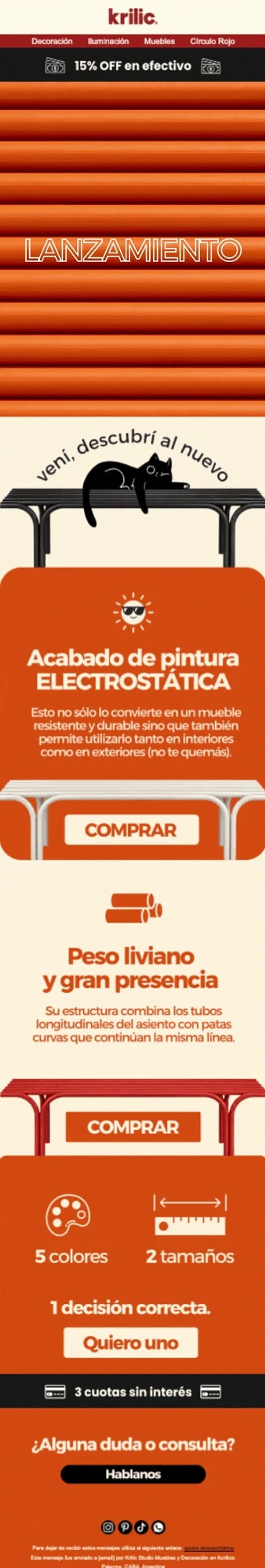Email de lanzamiento de Krilic con mueble de exterior y acabado de pintura electrostática.