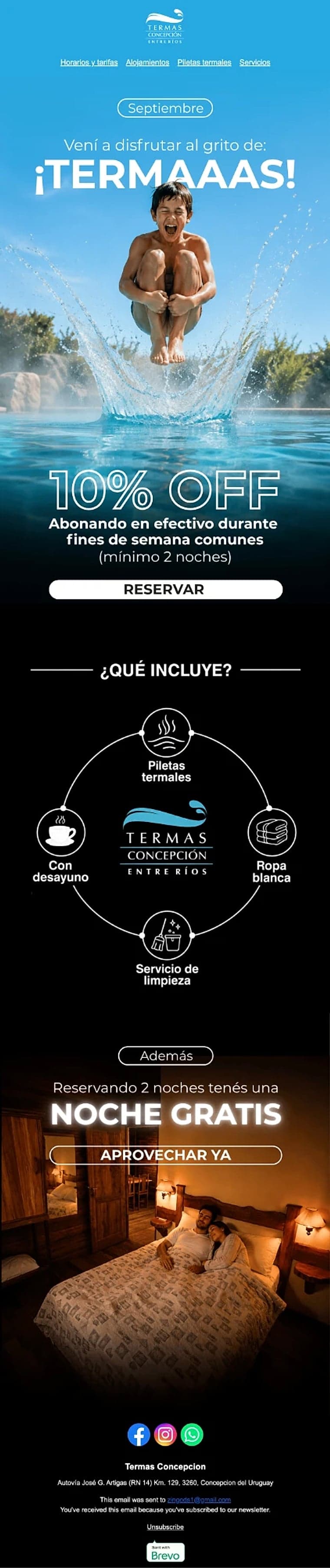 Email de Termas Concepción '¡TERMAAAS!' con foto de pileta termal y 10% OFF en efectivo.