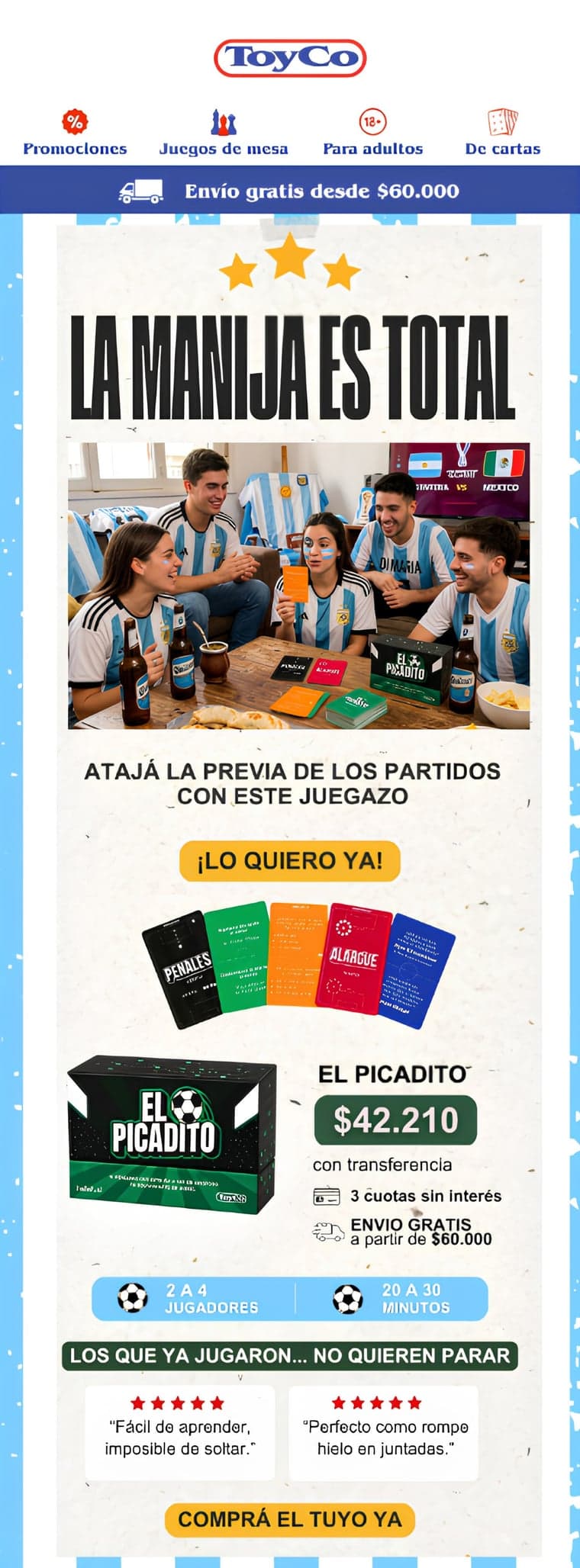 Email de ToyCo con selección de juegos de mesa y ofertas.