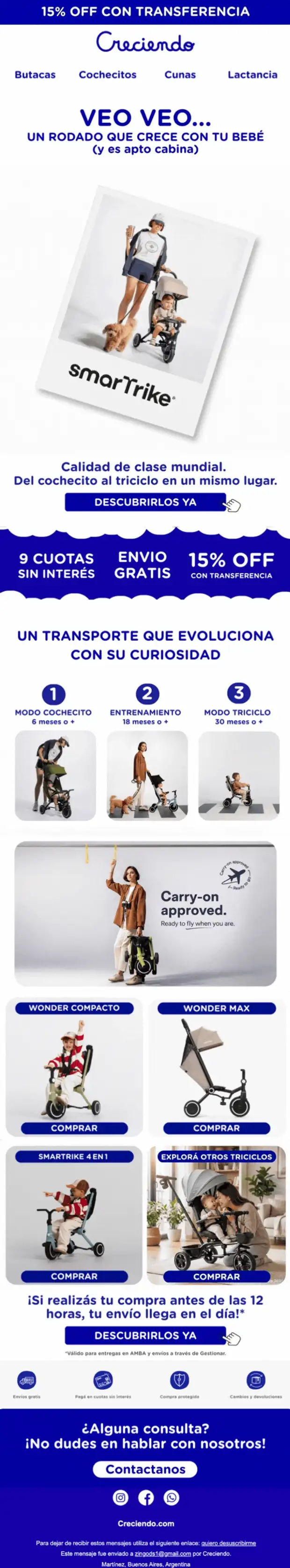 Email animado de Creciendo 'VEO VEO' — el rodado smarTrike con elementos en movimiento.